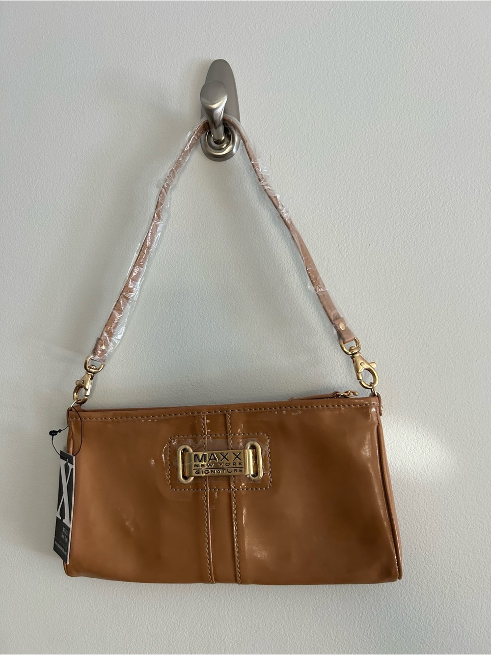 Maxx New York Brown Leather Wristlet Clutch with Gold-Tone Logo